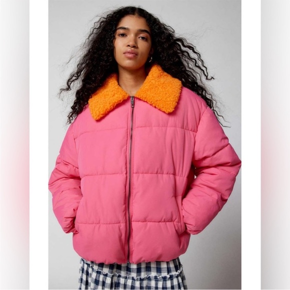 Urban Outfitters Jackets & Blazers - Urban Outfitters Pink Orange Duckie Faux Shearling Collar Puffer Jacket XS
